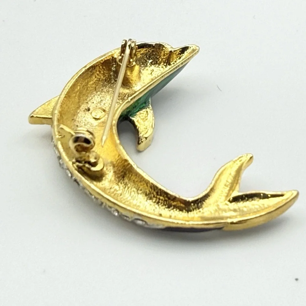 Signed DIS Vintage Dolphin Brooch Blue Green Enamel Rhinestone Gold Tone Pin